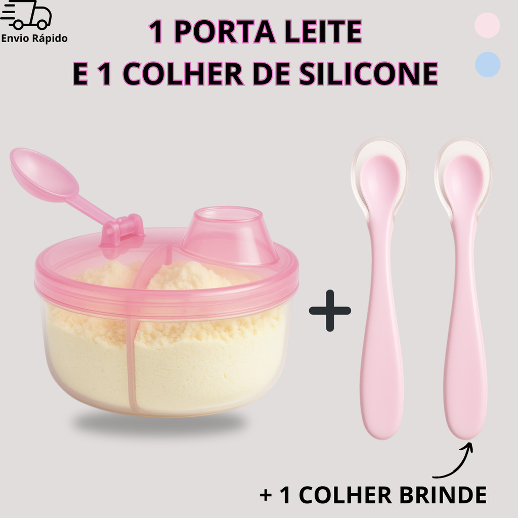 Porta Leite em Pó de Bebê ou Formula  1 Pote com 3 Divisórias + 2 Colheres com Ponta de Silicone Bebê em Oferta na Shopee