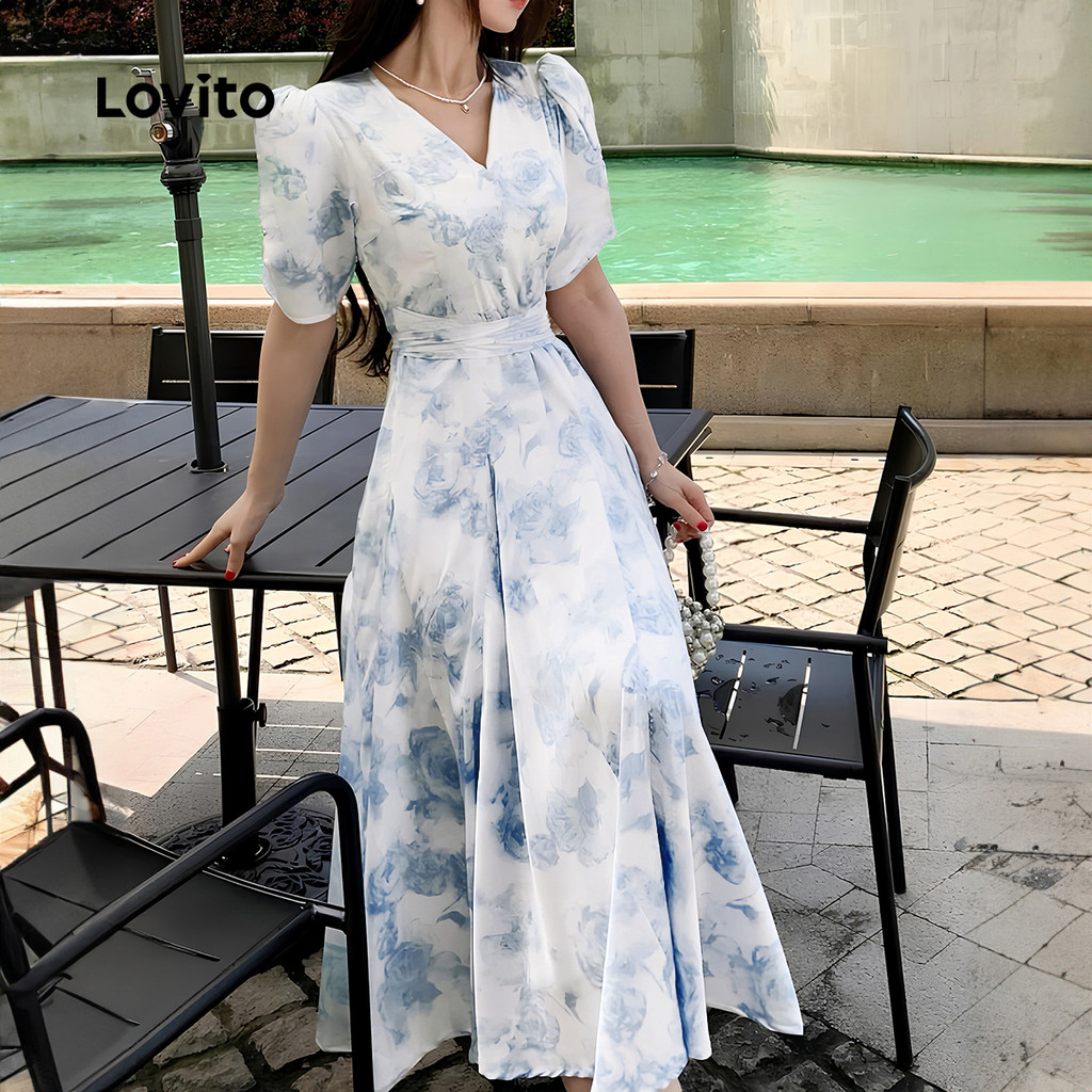 (Trendy) Lovito Vestido Casual Floral com cinto para mulheres LBL23695 - Women Clothes