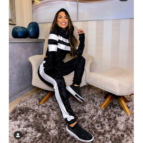 Conjunto Moletom Veludo Blusa Manga Comprida Casaco Feminino