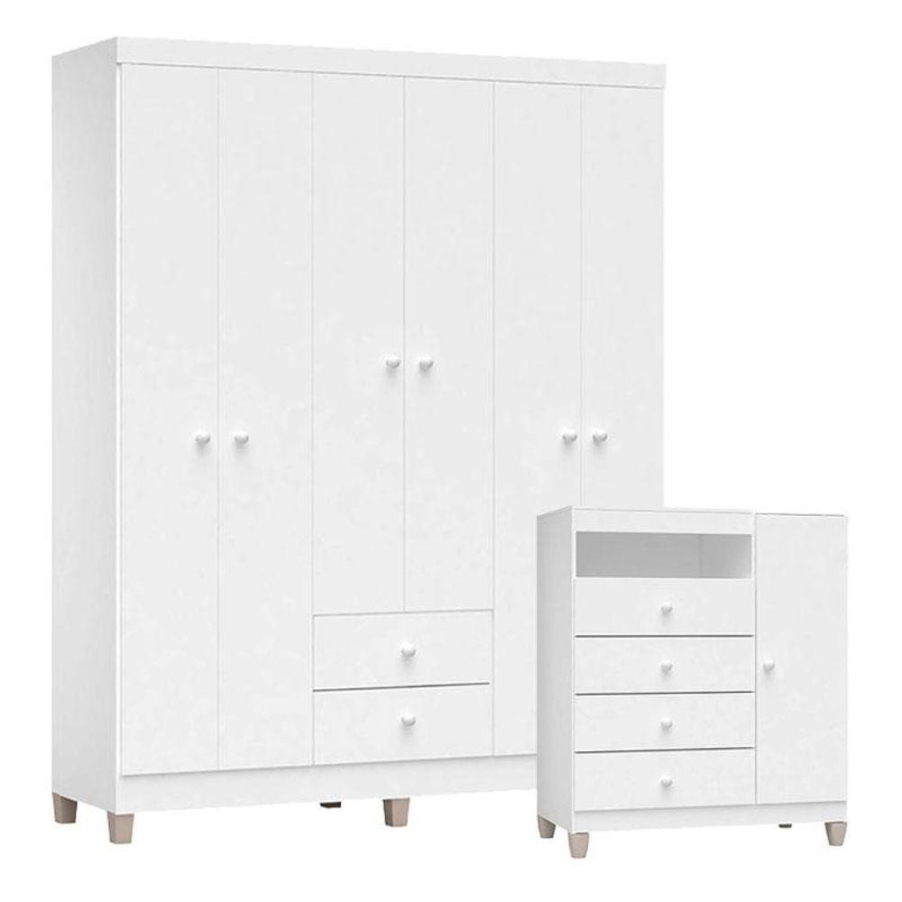 Cômoda E Guarda Roupa 6 Portas Baby Kids Branco Brilho - Incorplac