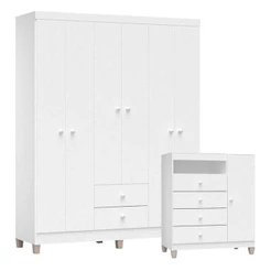 Cômoda E Guarda Roupa 6 Portas Baby Kids Branco Brilho - Incorplac