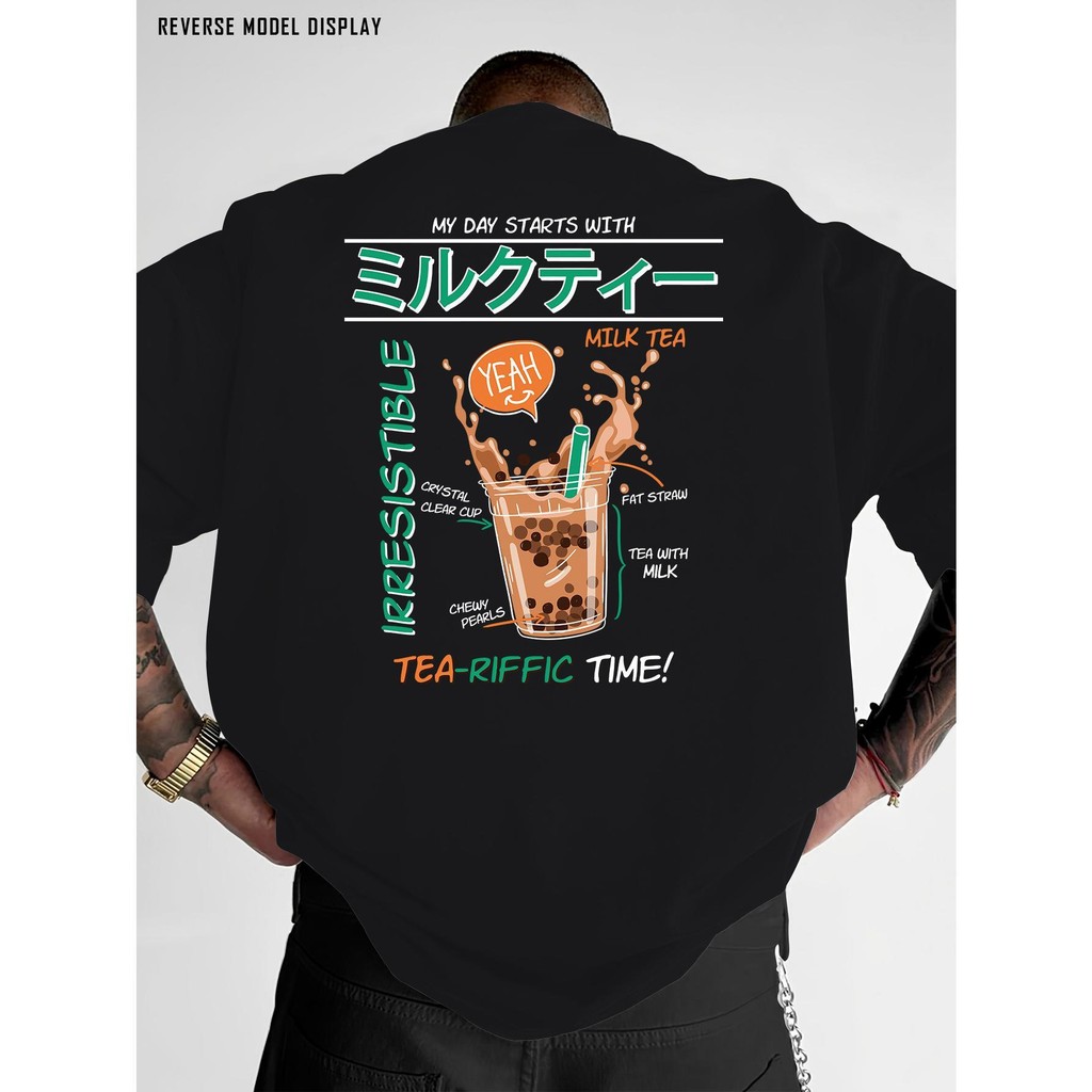 Camiseta Casual, estampa de chá com leite pérola - versão Regular de manga curta verão estilo rua camiseta, lavável à má