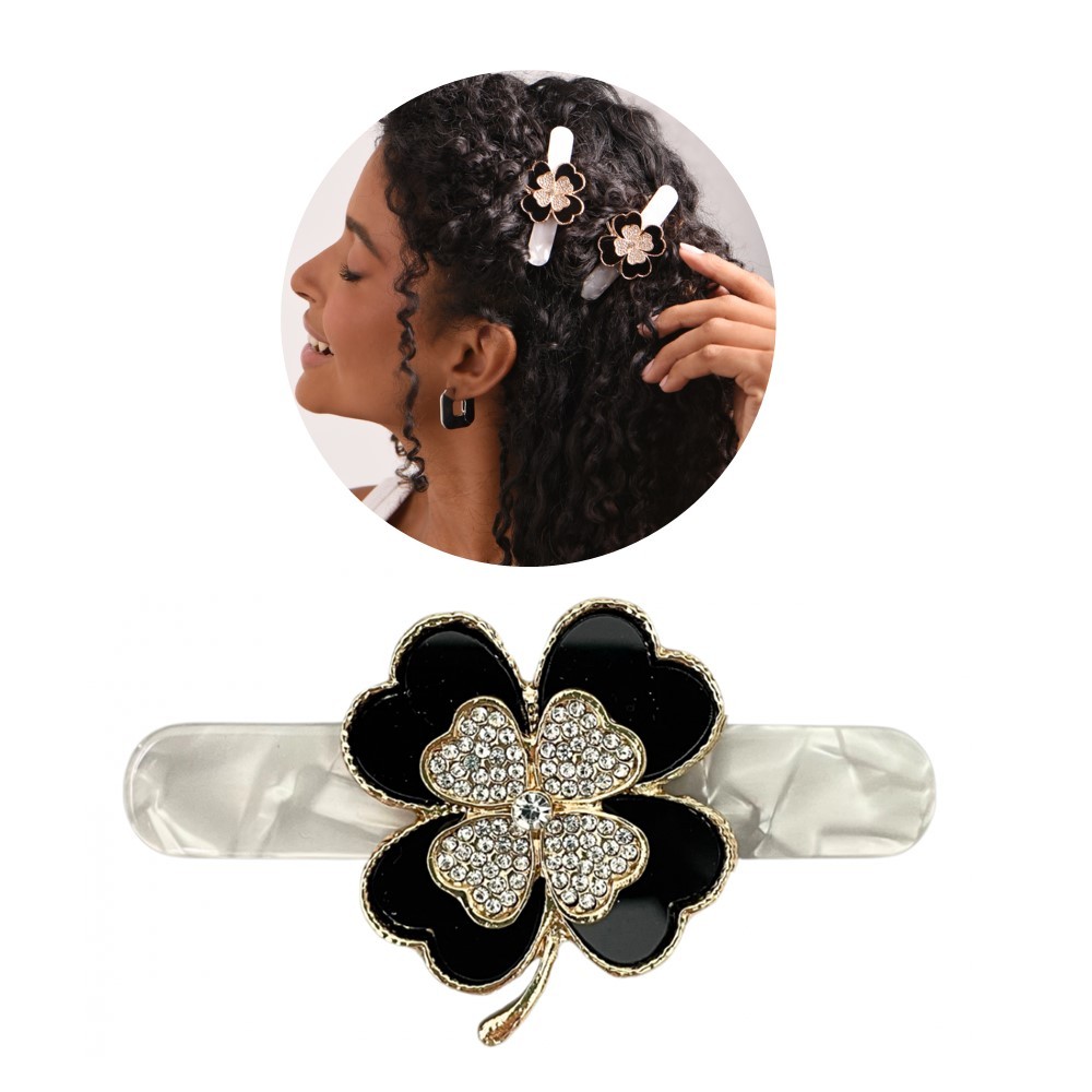 Presilha de Cabelo Marmorizada Trevo de Quatro Folhas com Cristais Allegro 8cm