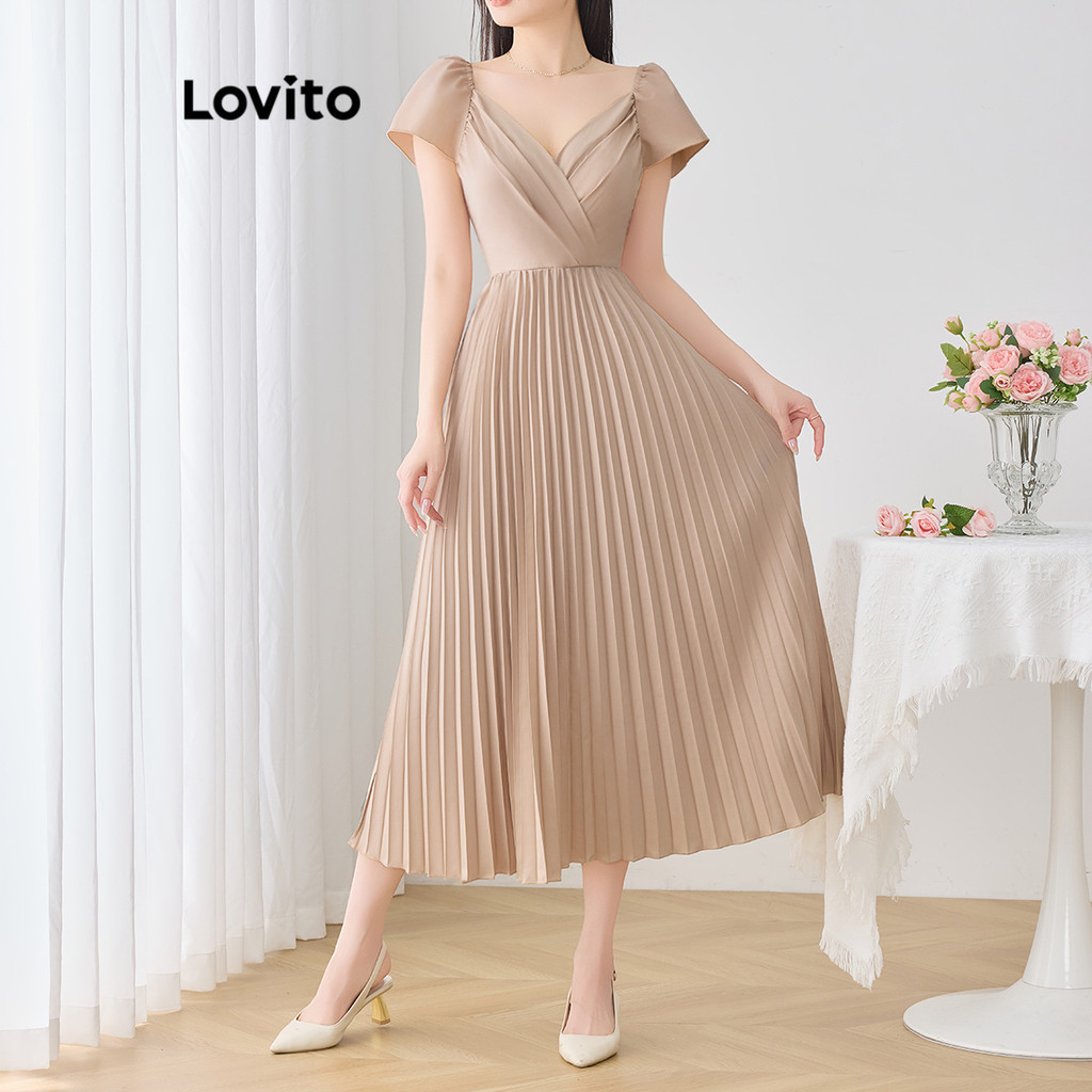 Lovito Vestido Casual Liso Plissado Vestido De Verão Para Mulheres L120LD1380 - Women Clothes