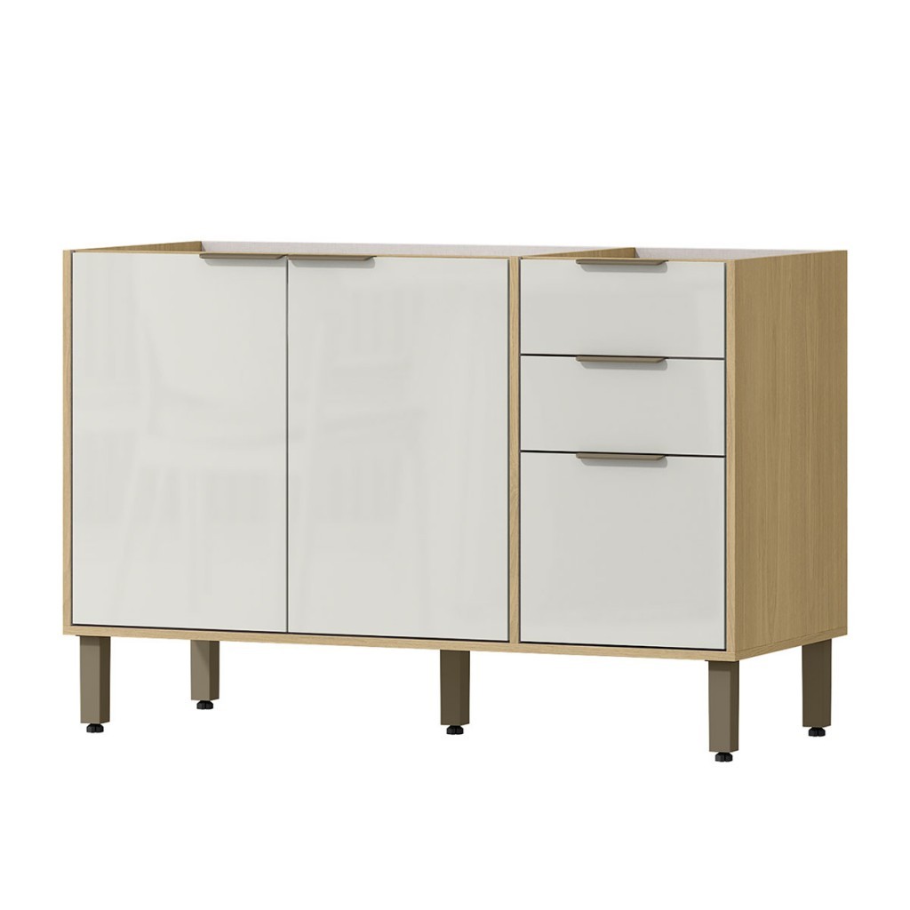 Balcão de Cozinha para Pia 120 Cm Glória 3 Portas 2 Gavetas Castanho/Off White - Mx Móveis