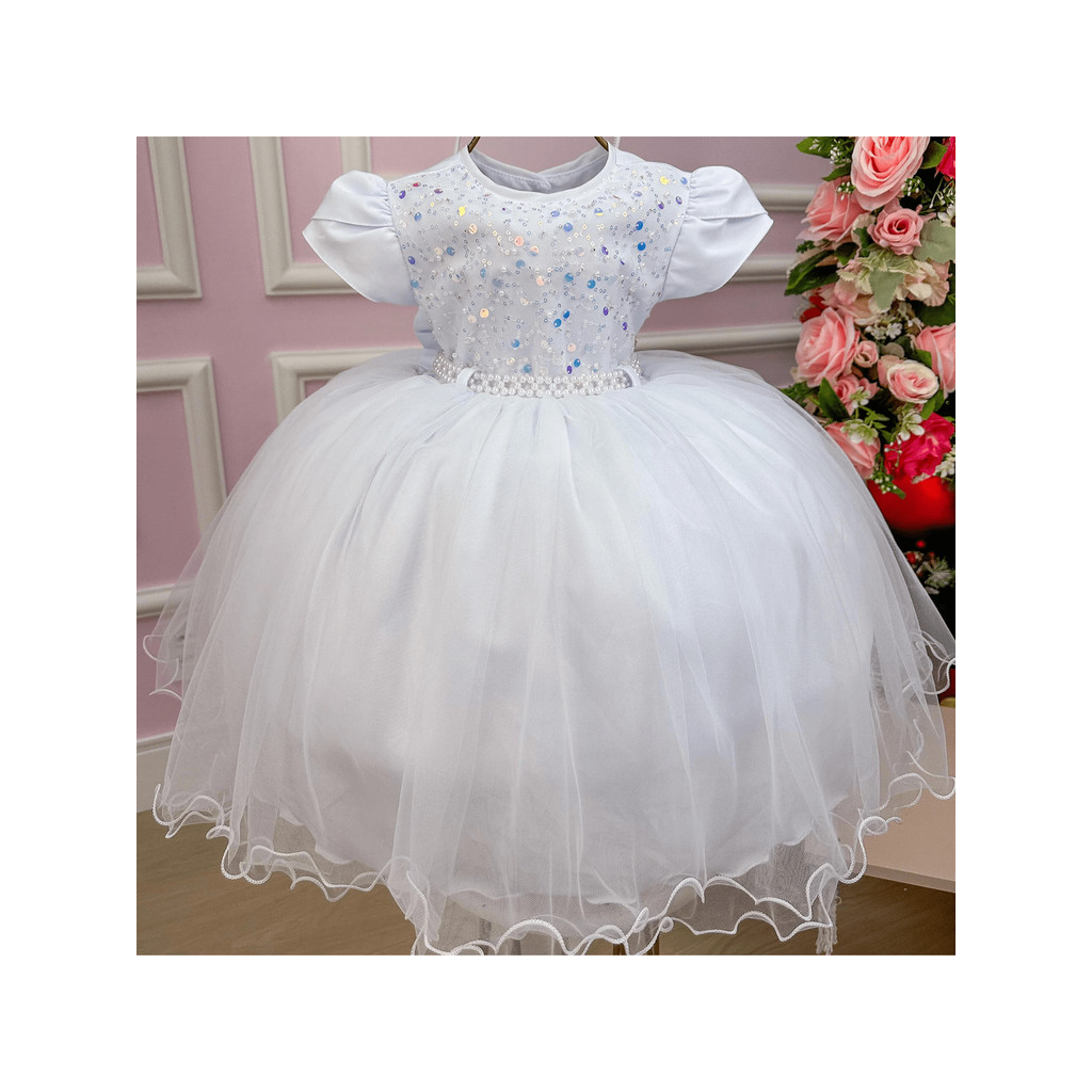 Vestido Batizado Dama Ano Novo Branco com Paete Super Luxo Tamanho 1 ao 3 m2389