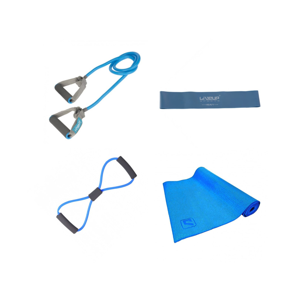 Kit Fitness Forte 2 Elástico Extensor + Mini Band + Tapete de Yoga Azul Liveup
