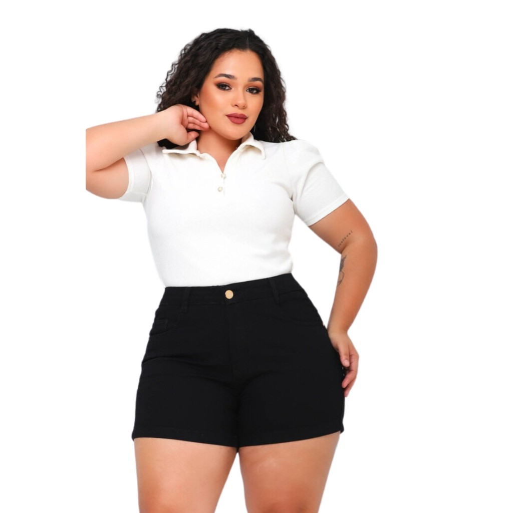 Bermuda Short MeiaCoxa Preto Feminino Plus Size com Elastano do Número 46 ao 54