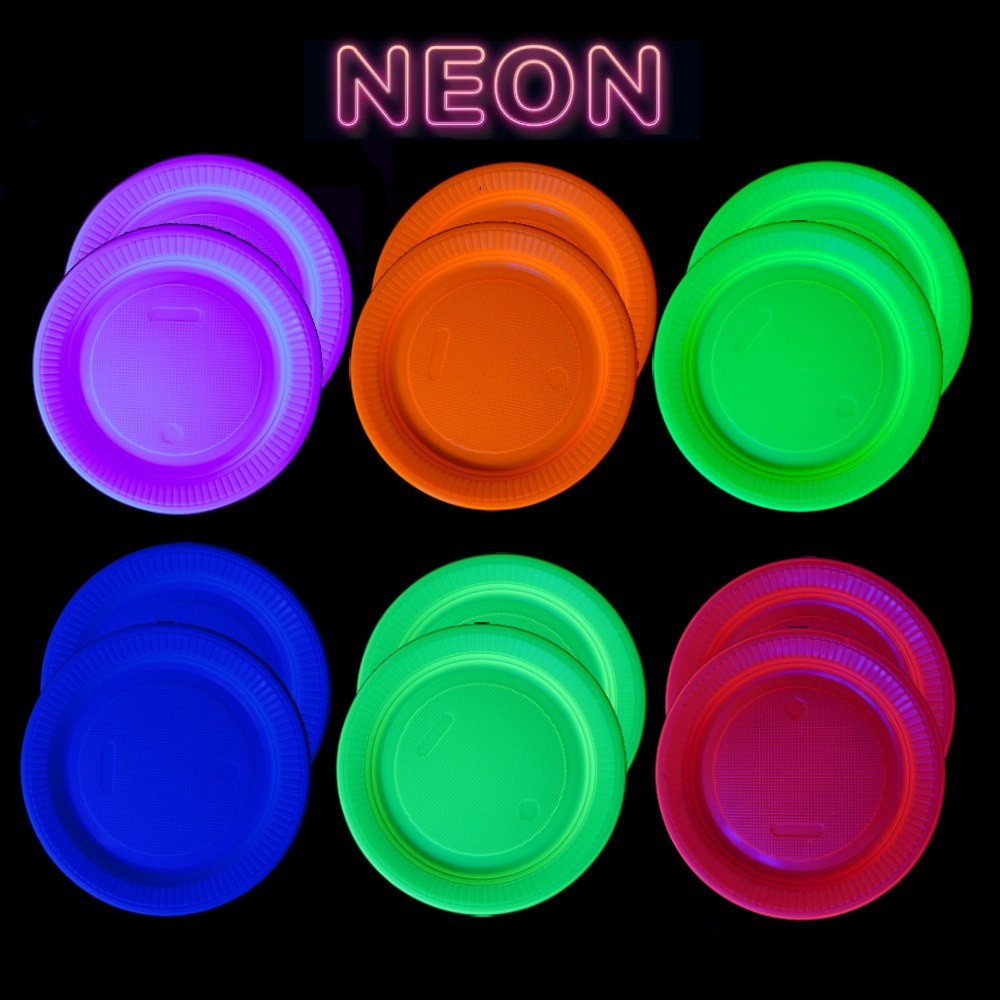 Prato Descartável Colorido Raso 15cm Balada Neon Bilha na Luz Negra