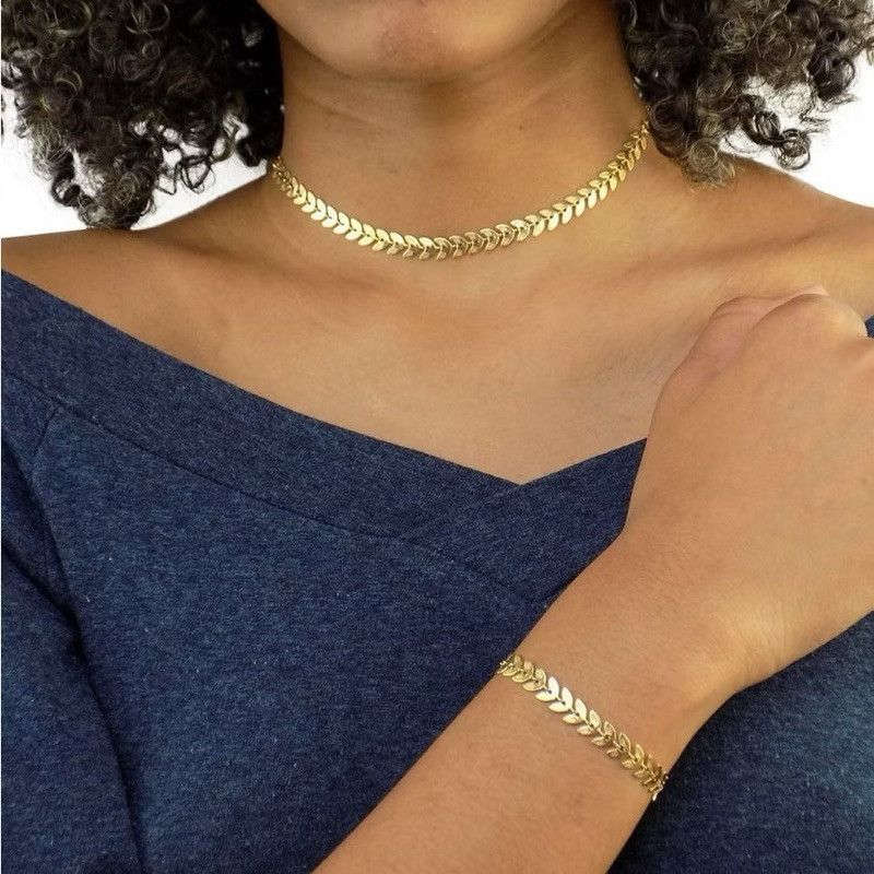 Kit Conjunto Colar Choker e Pulseira escama de Peixe folheado a ouro 18K e prata 925