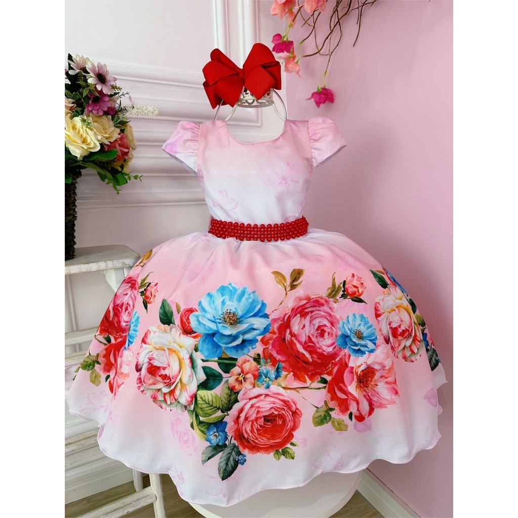 Vestido Infantil Curto Floral Vermelho Luxo Com Cinto de Pérolas Rosa