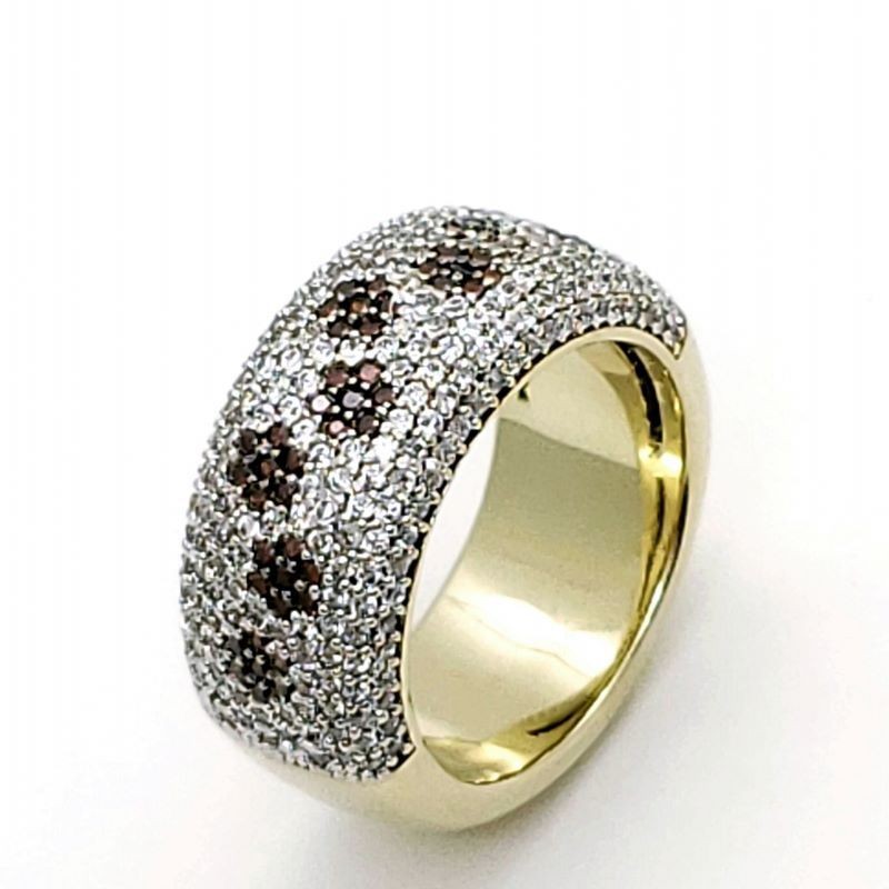 Anel Aliança Larga Cravejado Pavé 8 Flores Zirconias Em Prata No Banho De Ouro 18k 1688