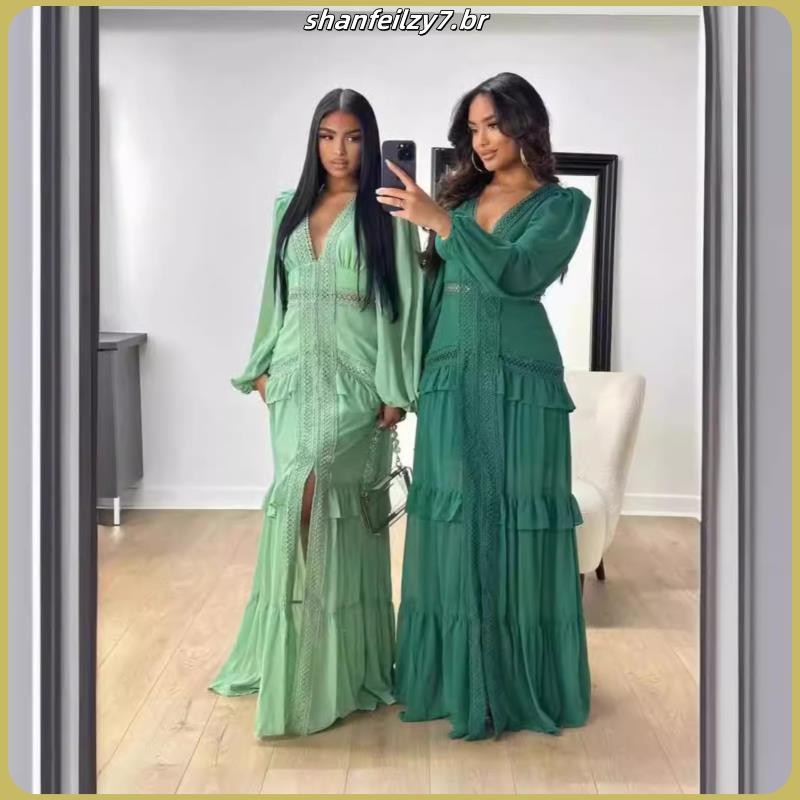 Vestido Longo Feminino Transfronteiriço Europeu e Americano 2025 Outono Inverno Elegante em Patchwork com Mangas Longas