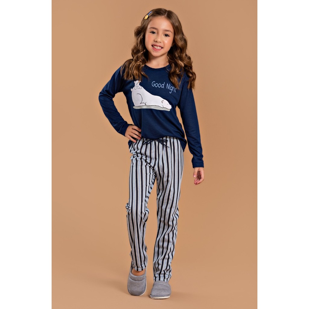 Pijama Longo Feminino Inverno Infantil Calça - Urso Listrado