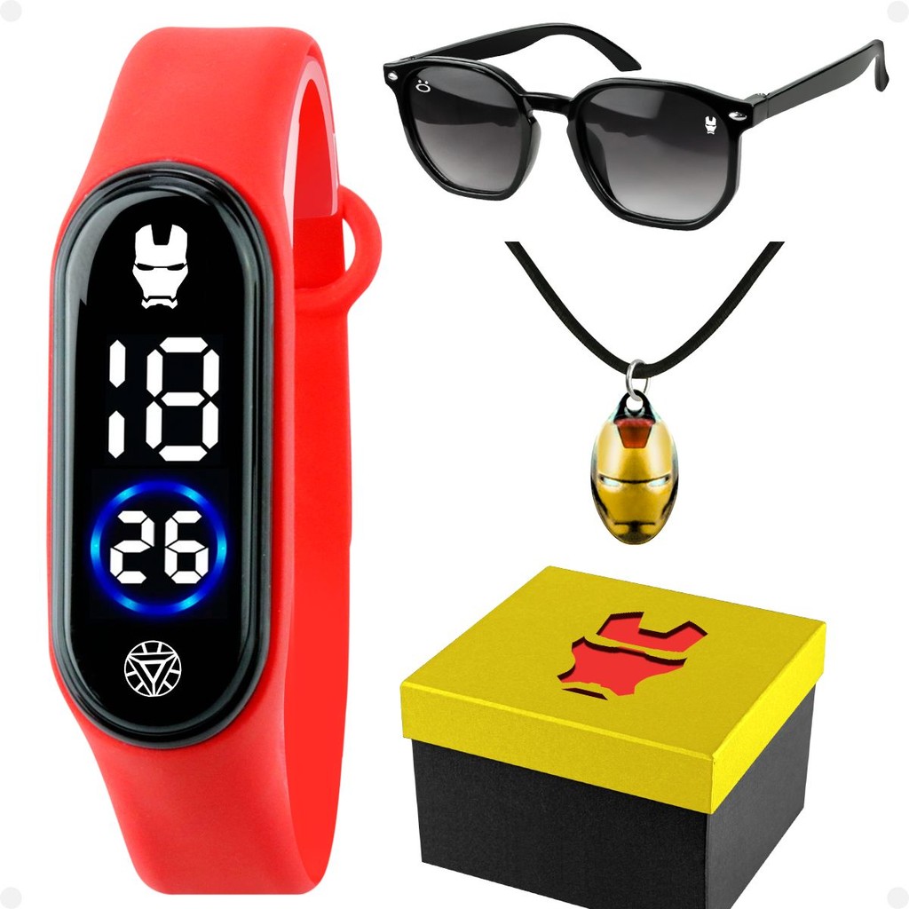 relogio digital infantil iron man + oculos + colar + caixa kids vermelho silicone prova dagua menino
