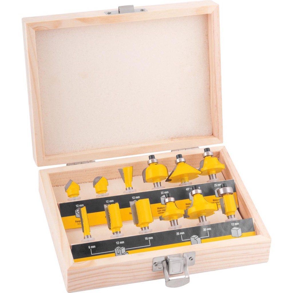 Kit Jogo De Fresas Tupia para Madeira Vonder 12 Peças 6mm com Maleta - Vonder