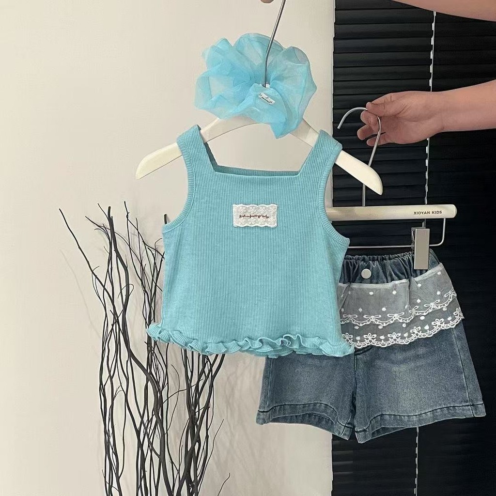 Verão meninas moda terno crianças rendas colete curto topo + Shorts jeans moda do bebê de duas peças versão coreana roup