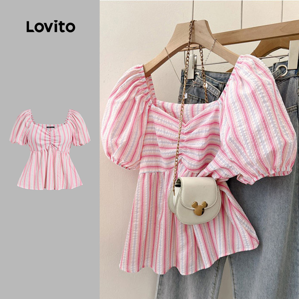 Lovito Blusa Casual listrada com babados e bainha para mulheres L129ED531 - Women Clothes
