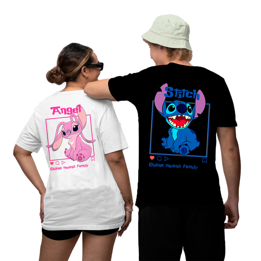 Camisa Camiseta Estampa Casal Namorados Lilo Azul e Rosa Blusa Tecido Algodão Kit Casal ou Avulsa