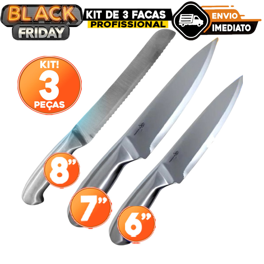 3 Faca 6'' e 7" Peixeira e Faca de pão Inox Peixeira Profissional Lâmina Corte de Precisão Churrasco