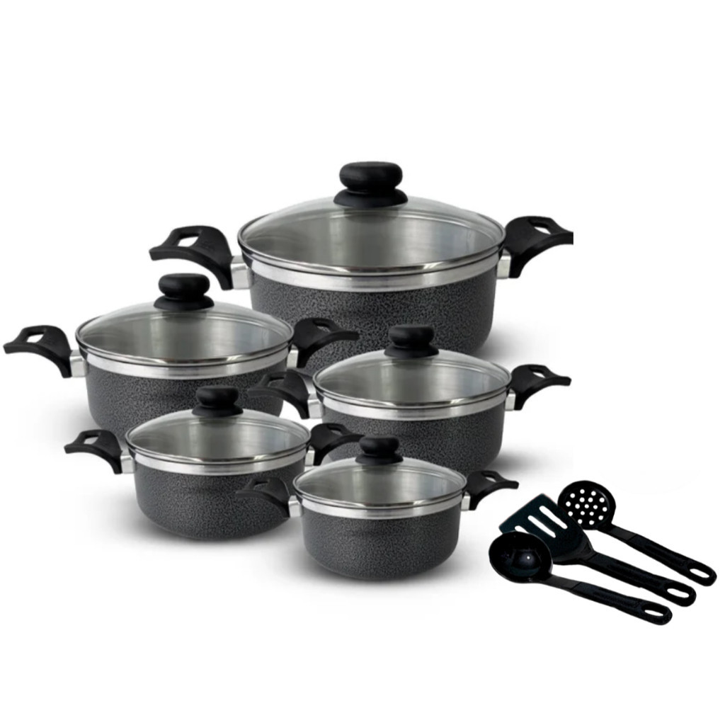 Conjunto Jogo Kit de Panelas de alumínio com tampa de vidro 6 peças com Talheres