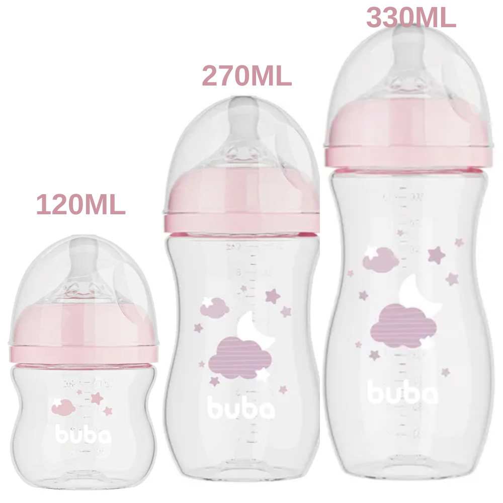 KIT C/ 3 MAMADEIRAS EASY FLOW NUVEM ROSA 120ML/270ML/330ML - BUBA