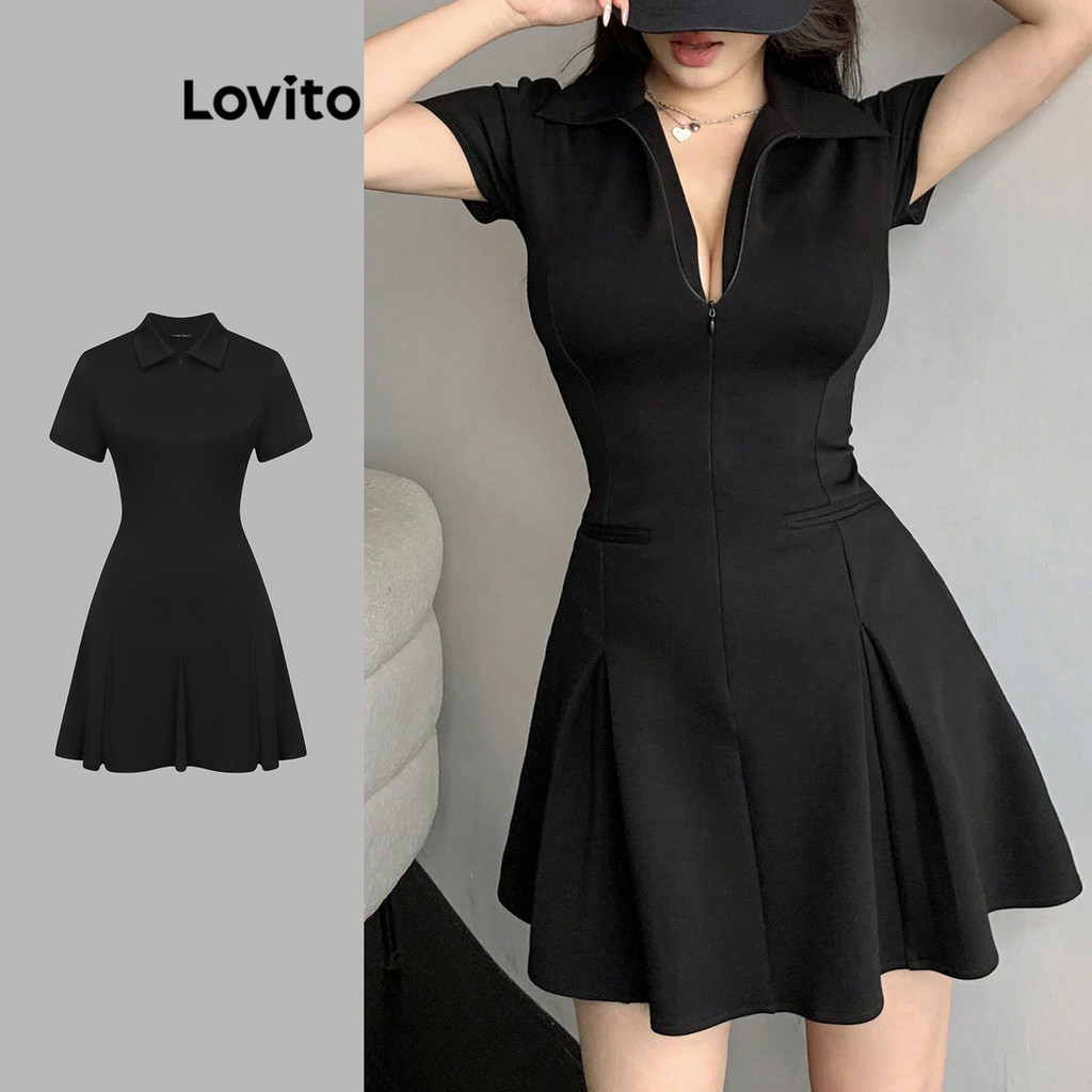 Lovito Vestido Casual Vestido Liso Com Zíper Para Mulheres L104ED411 - Women Clothes