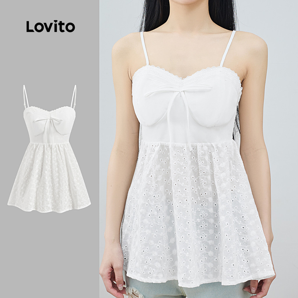 Lovito Regata Casual Com Ilhó Liso Bordado Alface Guarnição Com Cadarço Top Cami Para Mulheres LNE17042 (Branco) - Women Clothes