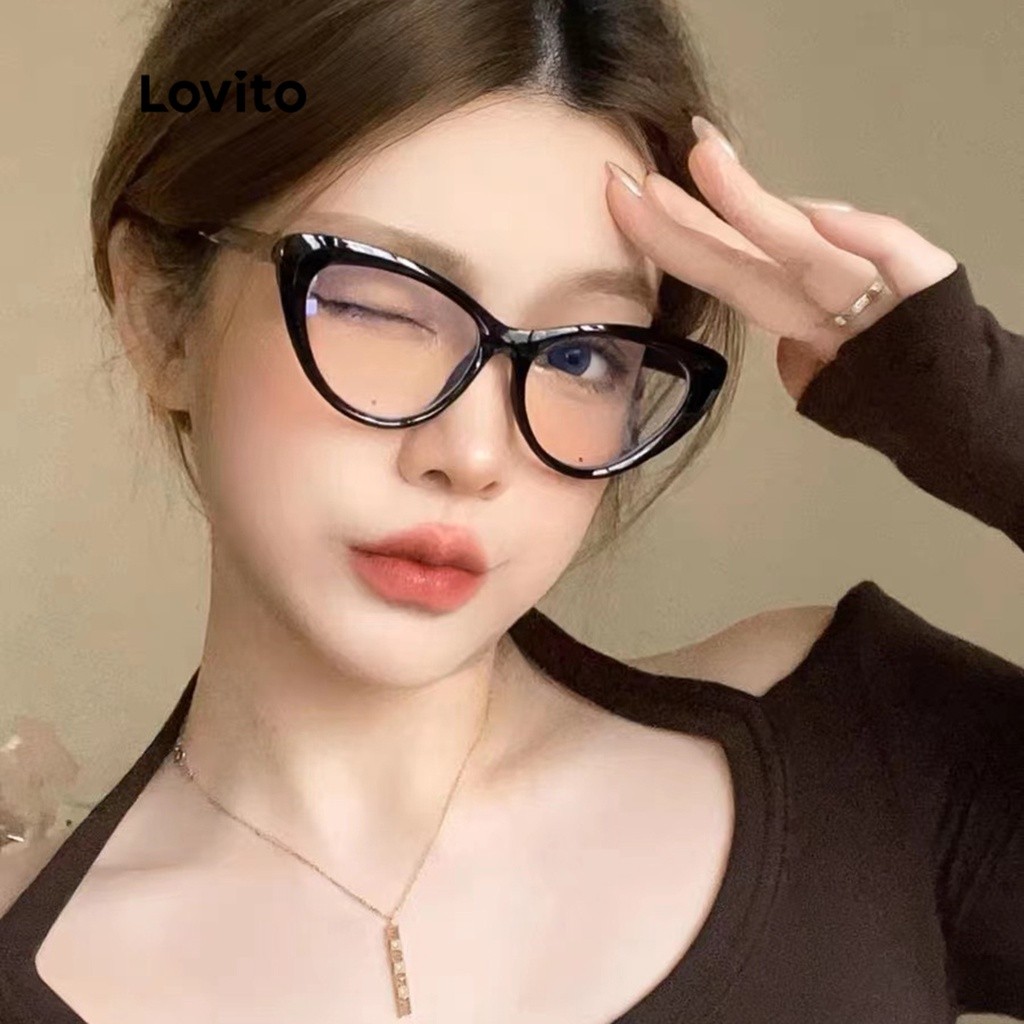 Lovito Casual Óculos Femininos Lisos de Gatinho para Leitura Anti-Luz Azul com Dobradiça de Mola L50ADSG142