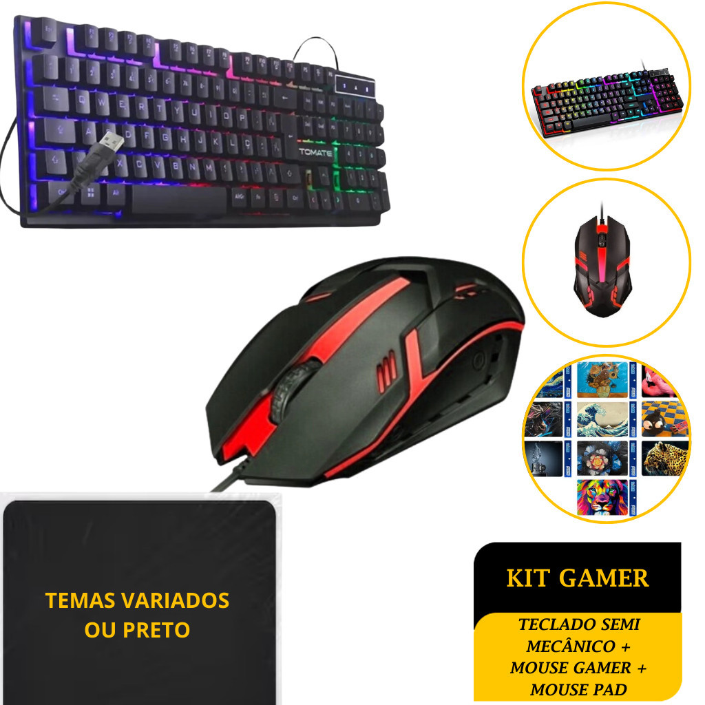 Kit Gamer Completo: Teclado Semi Mecânico Mouse Gamer e Mouse Pad Performance e Conforto