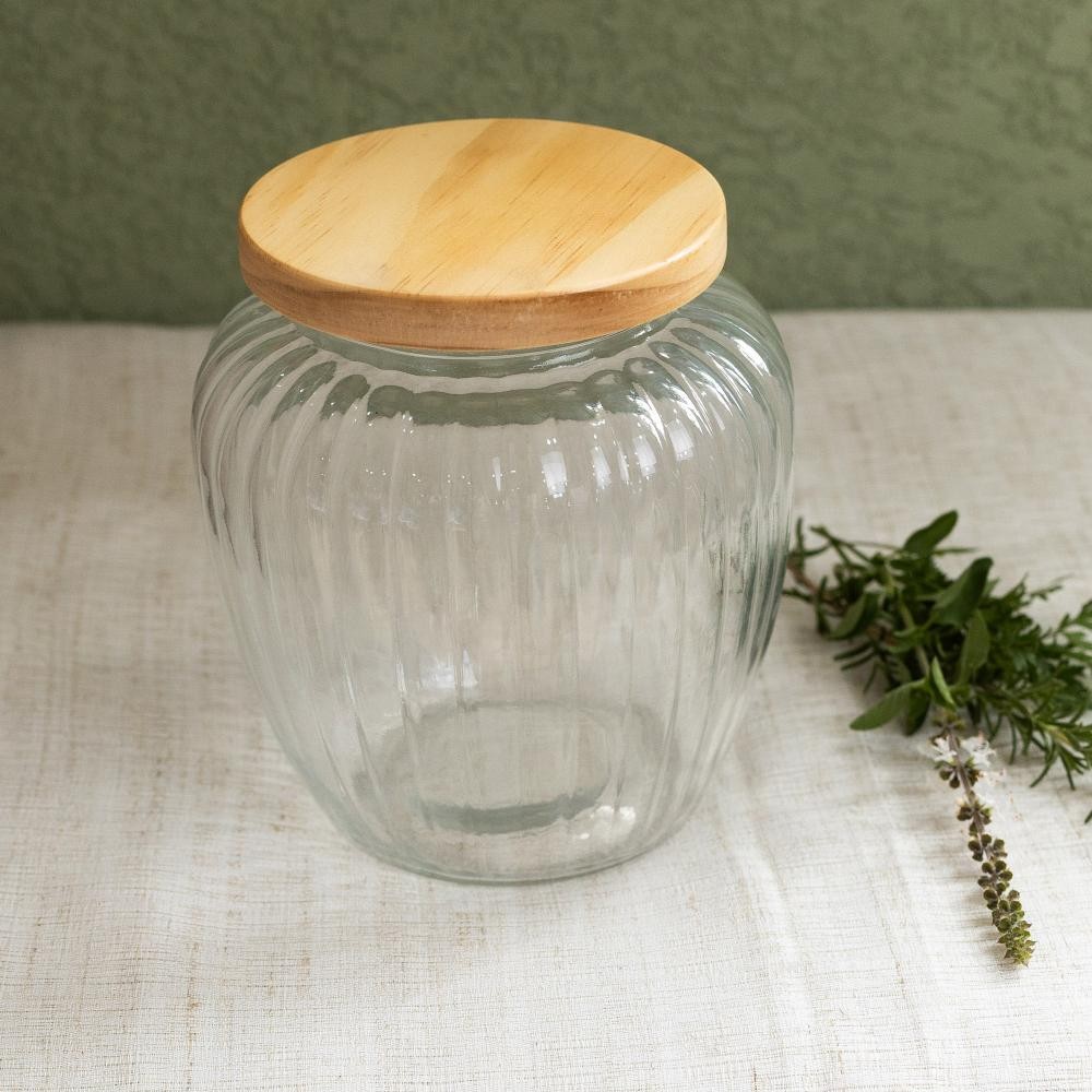 Porta Mantimento de Vidro com Tampa de Pinus 2,4L em Oferta na Shopee