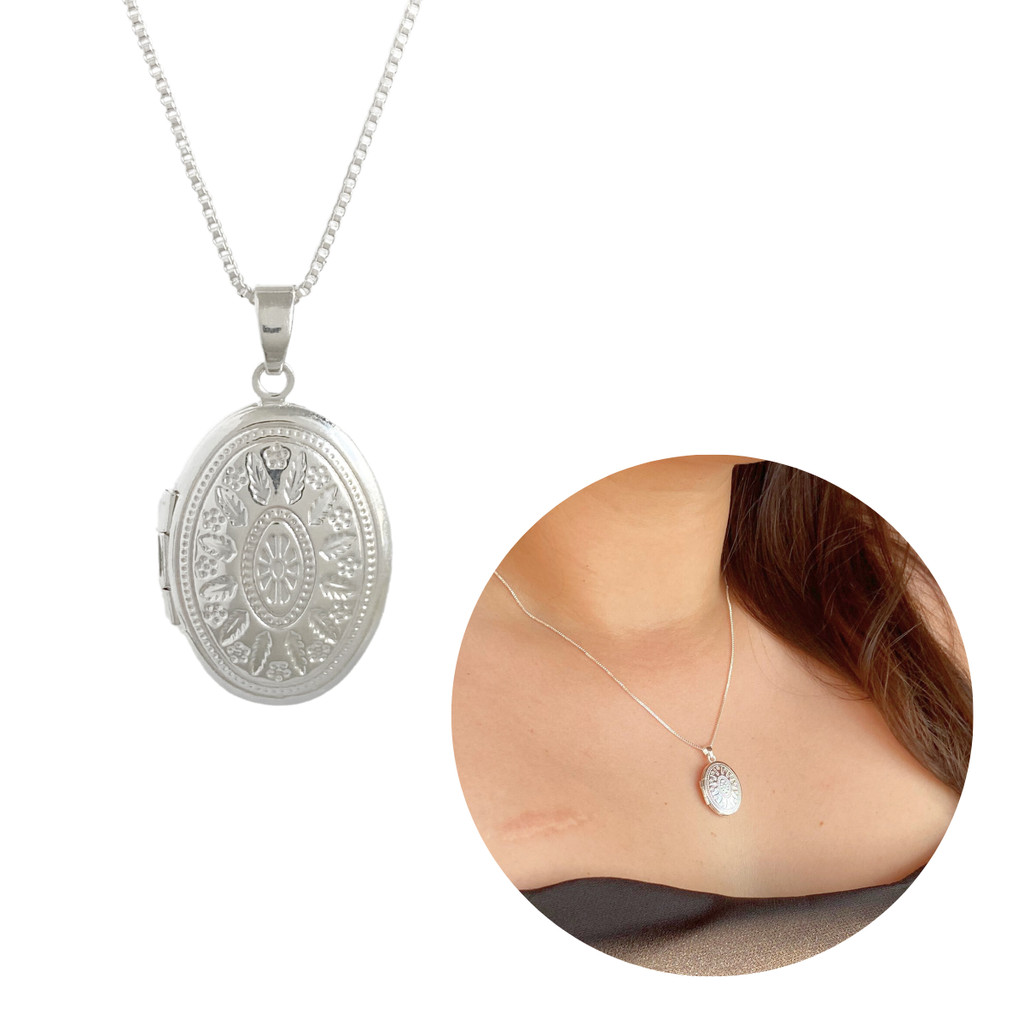 Colar Prata 925 Relicário Oval Arabesco Banhado Feminino em Oferta na Shopee