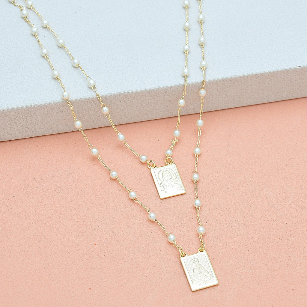 Escapulario Perolas Nossa S. Aparecida e Jesus Banhado a Ouro 18k em Oferta na Shopee
