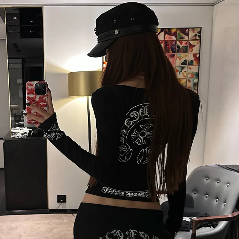 Camiseta Estampada De Manga Comprida Justa Para Meninas Picantes Y2K Mulheres , Gola Redonda , Cintura Apertada , top In em Oferta na Shopee