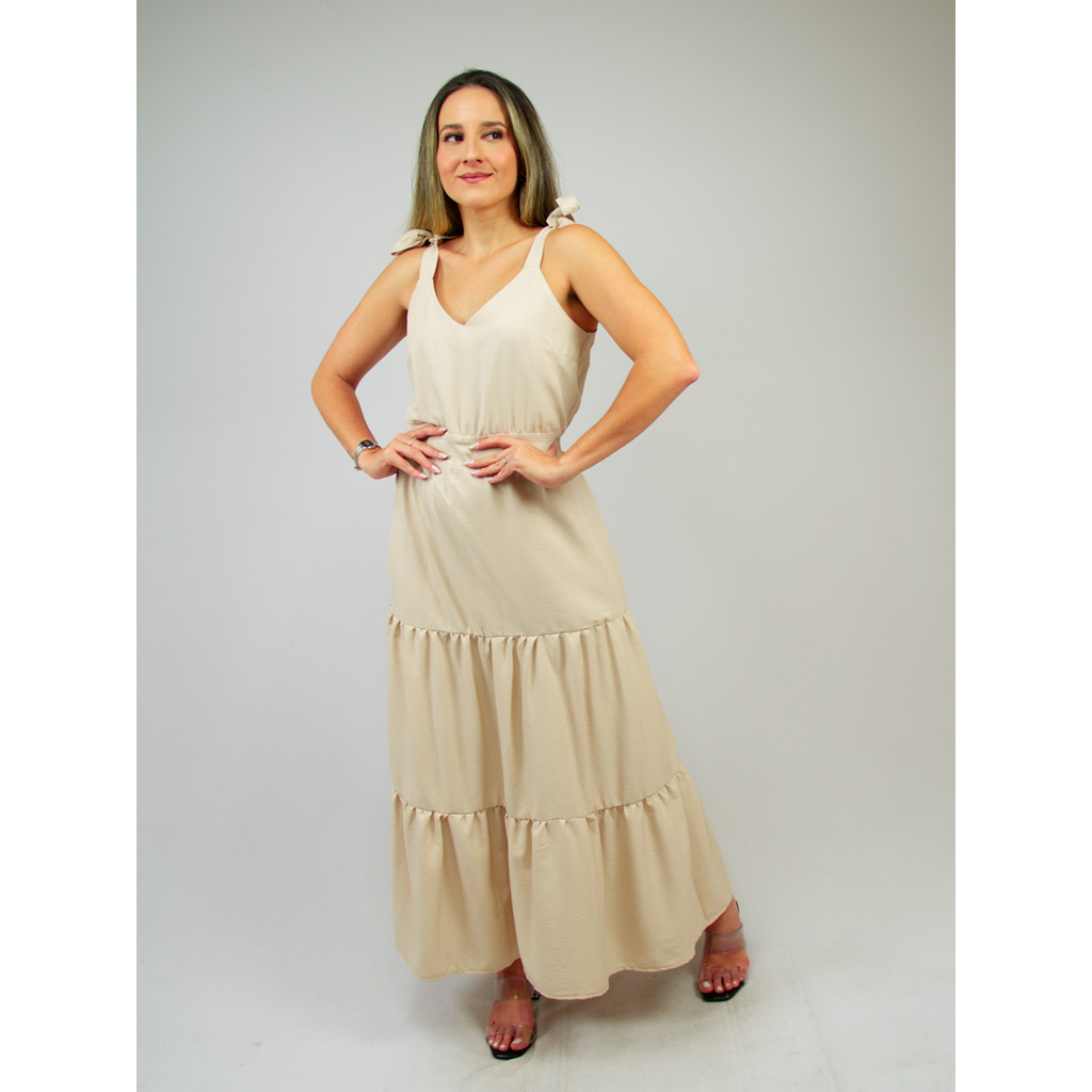 Vestido Feminino Longo 3 Marias Com Alça Forrado Sem Transparência Tendência Verão