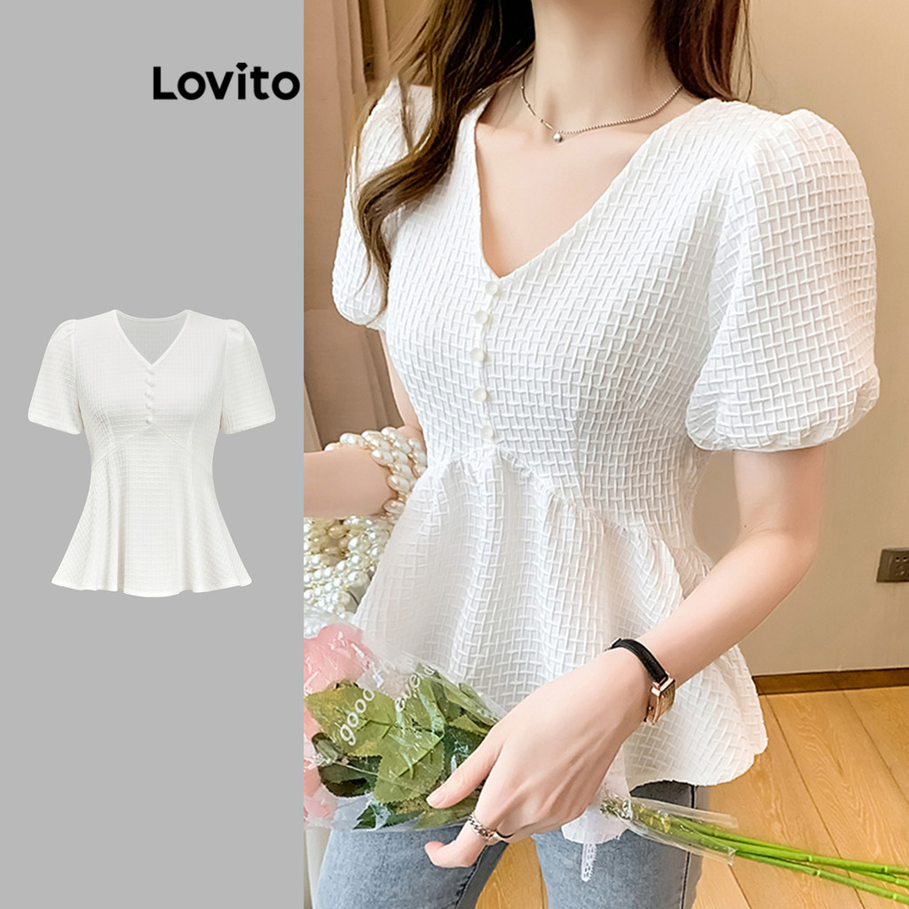 Lovito Blusa Elegante Blusa Frontal Com Botão Liso Para Mulheres L109MD383 - Women Clothes