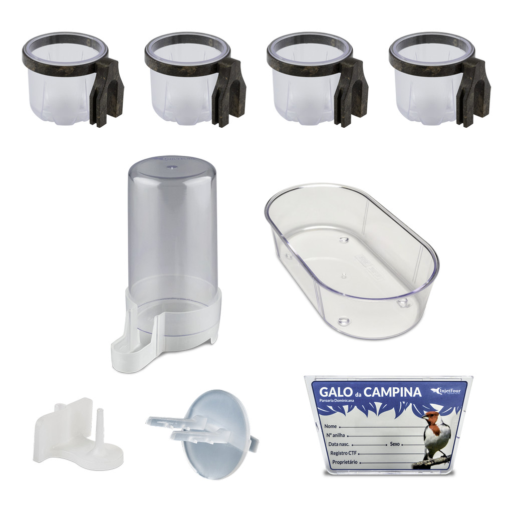 Kit Galo Campina - Comedouro, Bebedouro, Banheira, Placa de Identificação