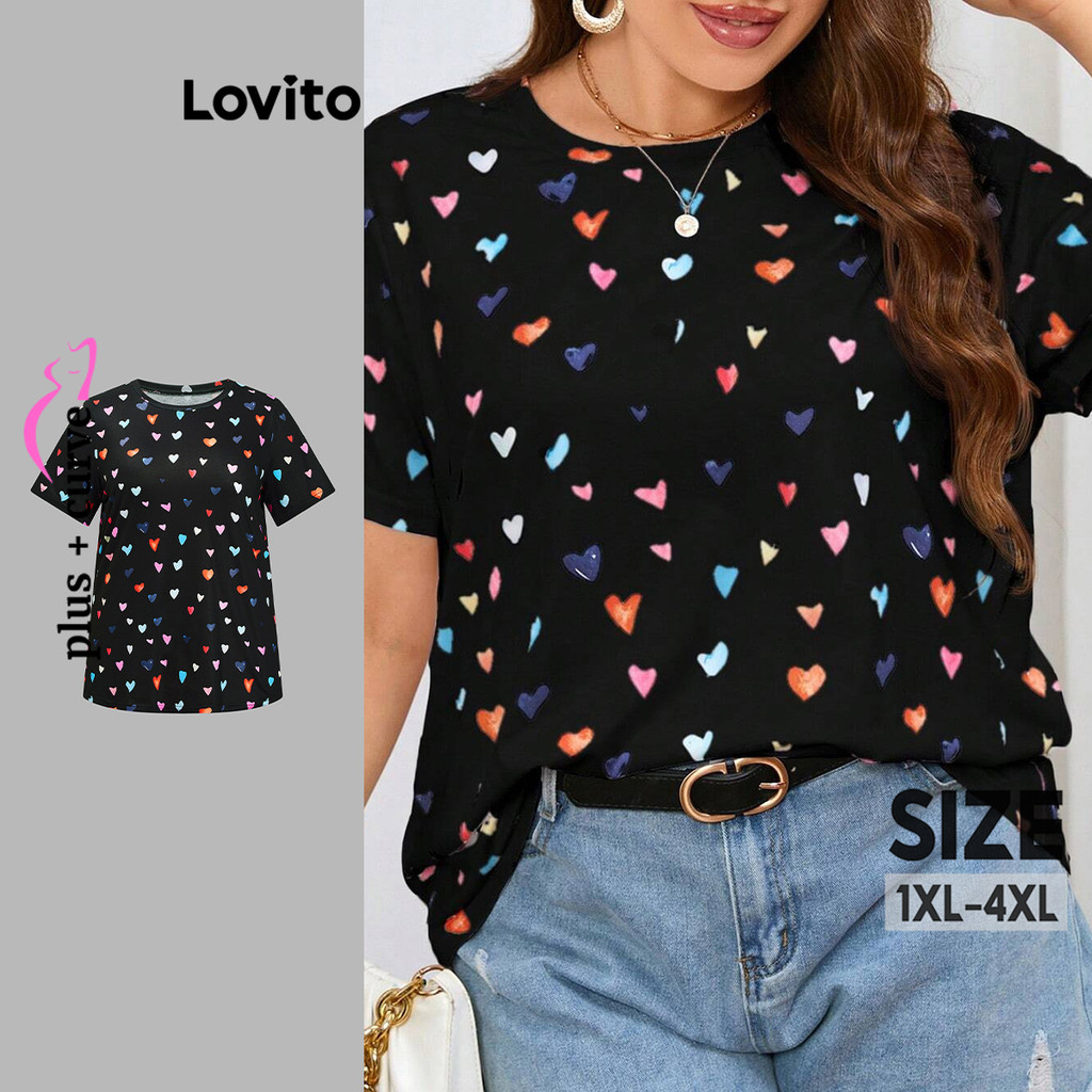 Lovito Camiseta Curva Plus Size Elegante Em Formato De Coração Com Estampa De Coração Para Mulheres LBL18612 - Women Clothes