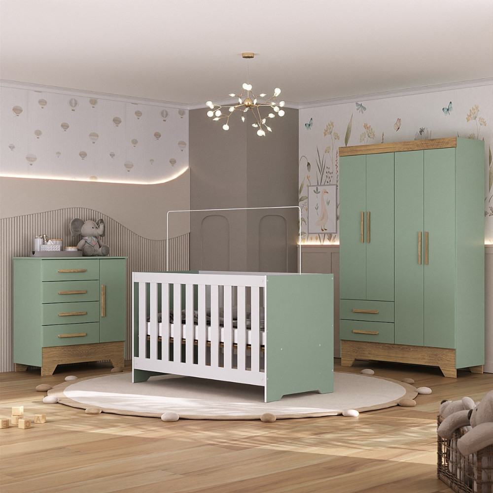 Quarto de Bebê Completo Guarda Roupa Cômoda e Berço 3 em 1 Catavento Maya Rodial