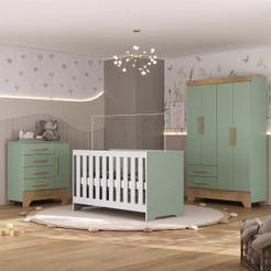 Quarto de Bebê Completo Guarda Roupa Cômoda e Berço 3 em 1 Catavento Maya Rodial