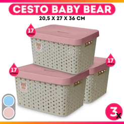 Kit 3 Caixas Cesto Organizador Baby Bear Rosa Azul 17L Trama Rattan Infantil Quarto Criança - Usual