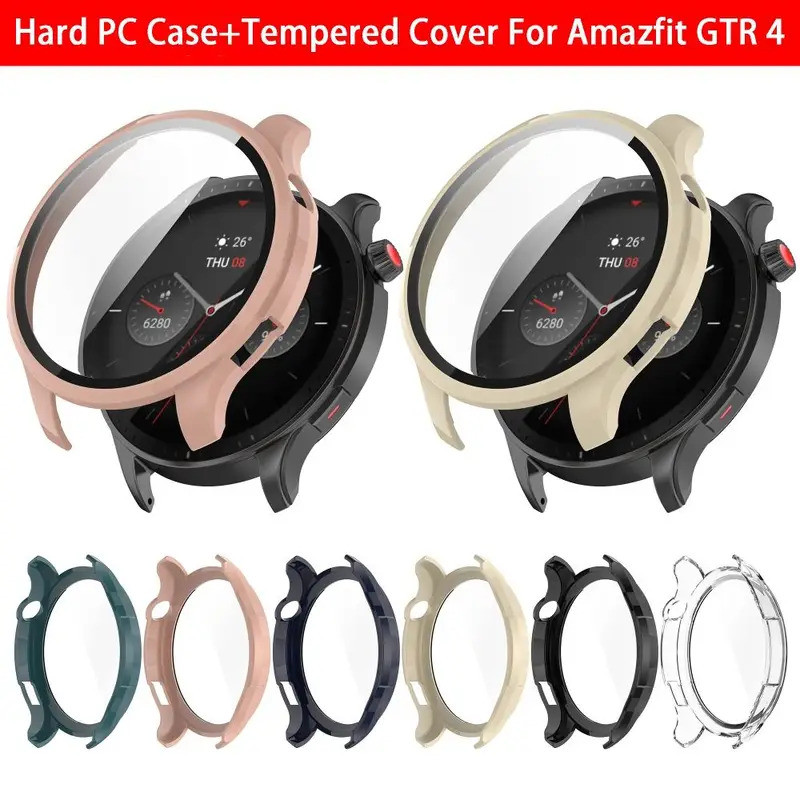 Para Amazfit GTR 4 Caso Duro PC + Vidro Temperado Smartwatch Relógio Inteligente Protetor De Tela Pára-Choques Capa
