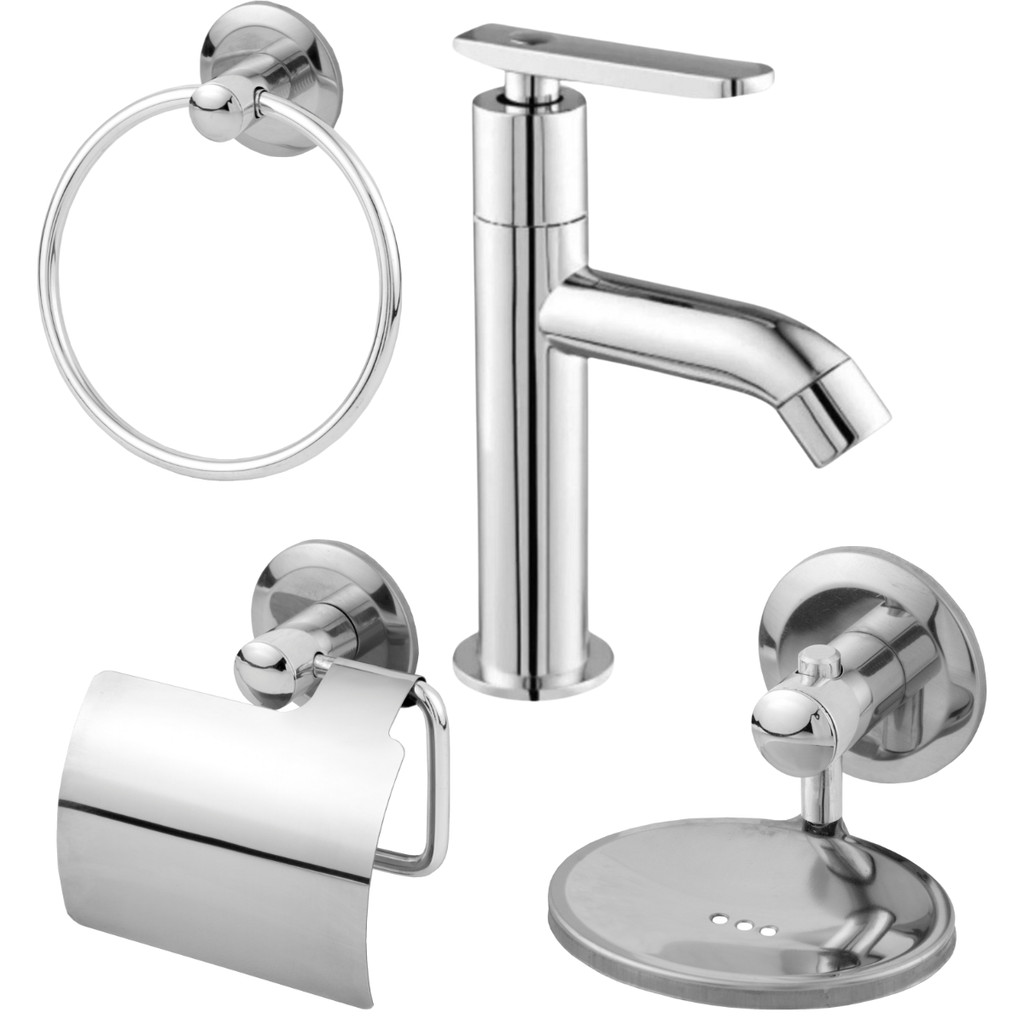 Kit Banheiro Torneira Premium Abs + Acessórios Saboneteira Porta-toalha Papeleira Aluminio Cromado