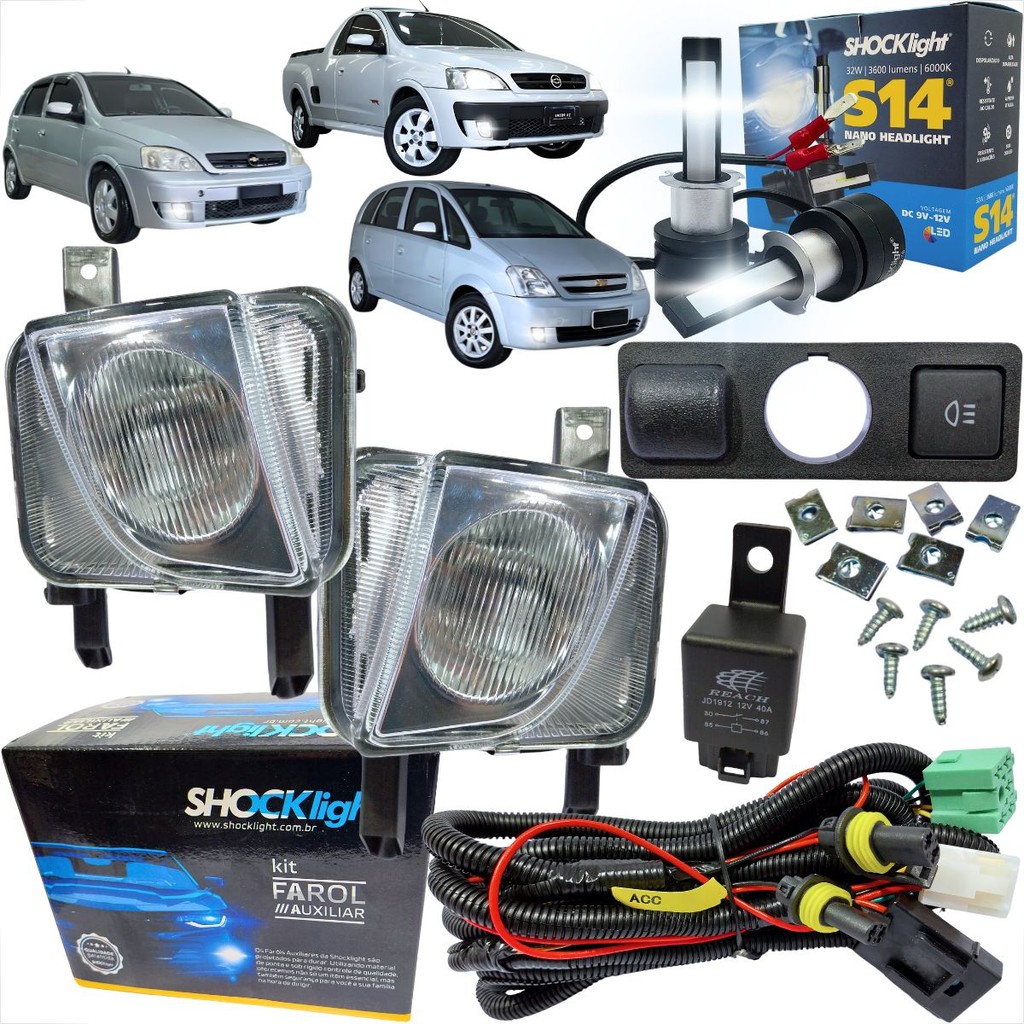 KIT INSTALAÇÃO COMPLETA FAROL DE MILHA CHEVROLET MERIVA MONTANA CORSA 2003 À 2011 BOTÃO MOD. ORIGINAL + LÂMPADA LED S14
