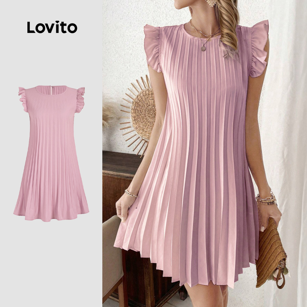 Lovito Vestido Elegante, Liso, Plissado, Verão/primavera, Para Mulheres L131ED790 em Oferta na Shopee