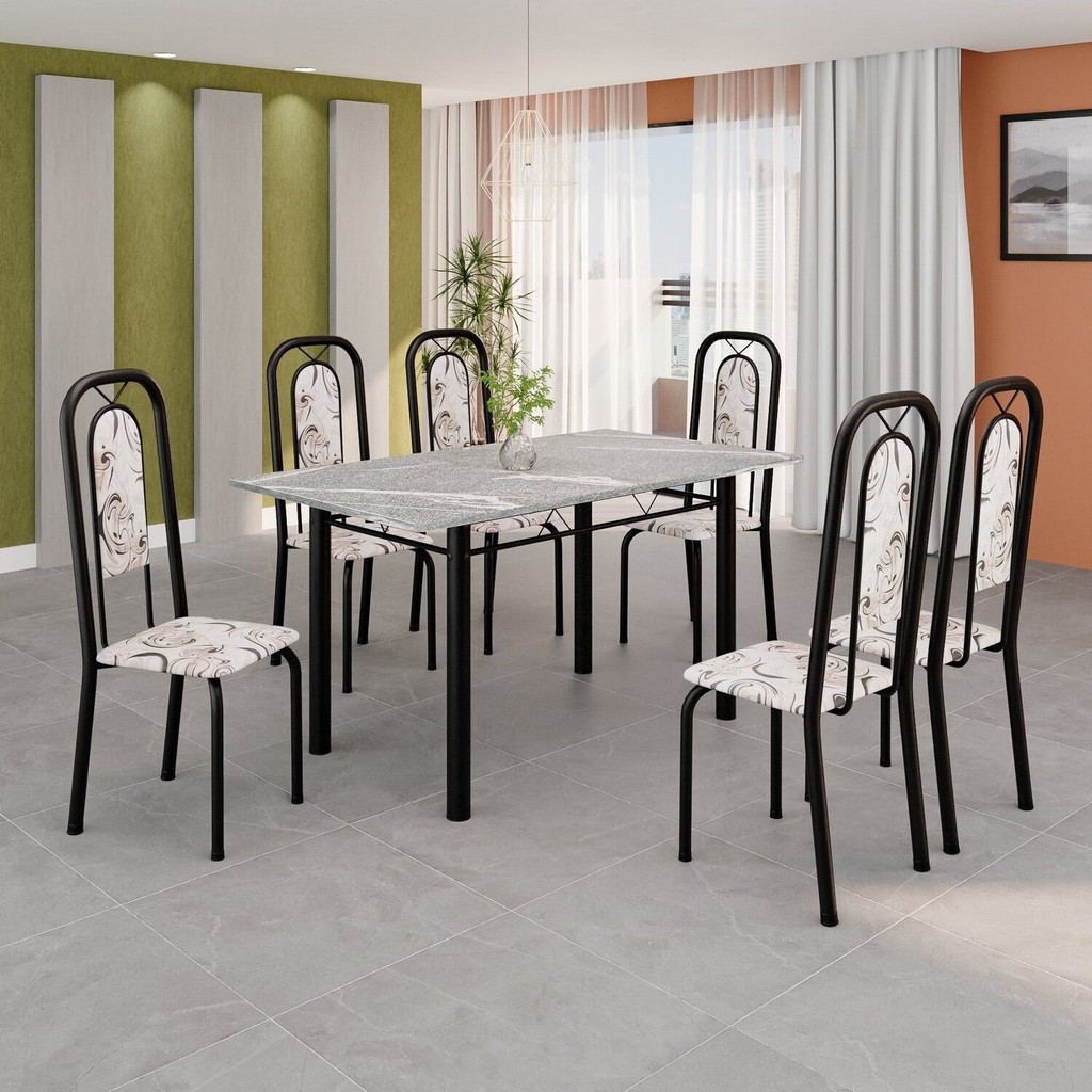Conjunto de Mesa Tubular com 6 Cadeiras Lara Preto/Arabesco