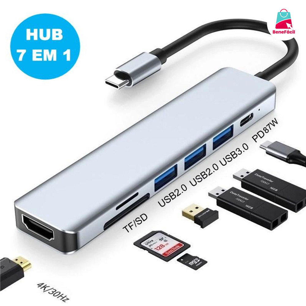 Conversor USB-C Multifuncional 7 em 1 - 4K 30Hz, USB Duplo e Leitor de Cartões Dual