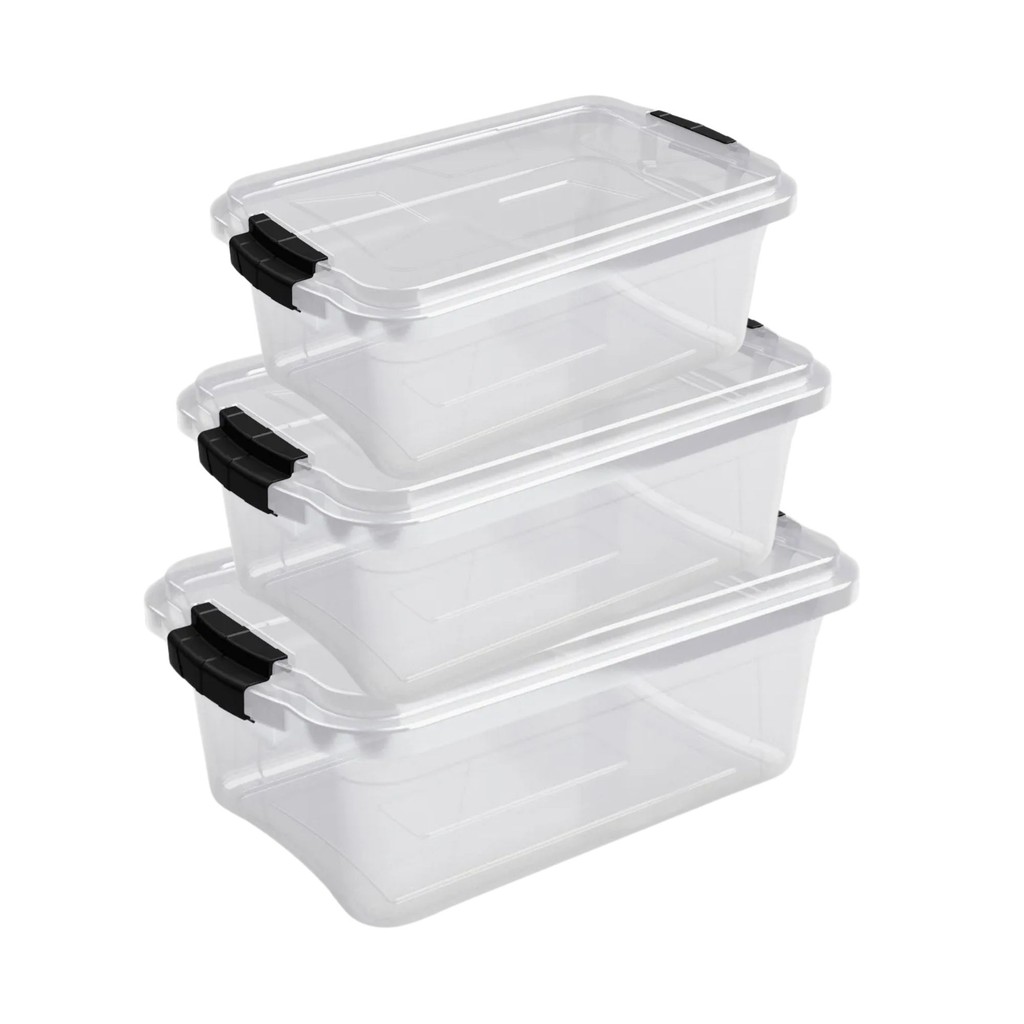 Kit 3 Caixas Organizadoras Transparentes De 3,6 e 10 Litros Com Tampa E Trava Para Organização