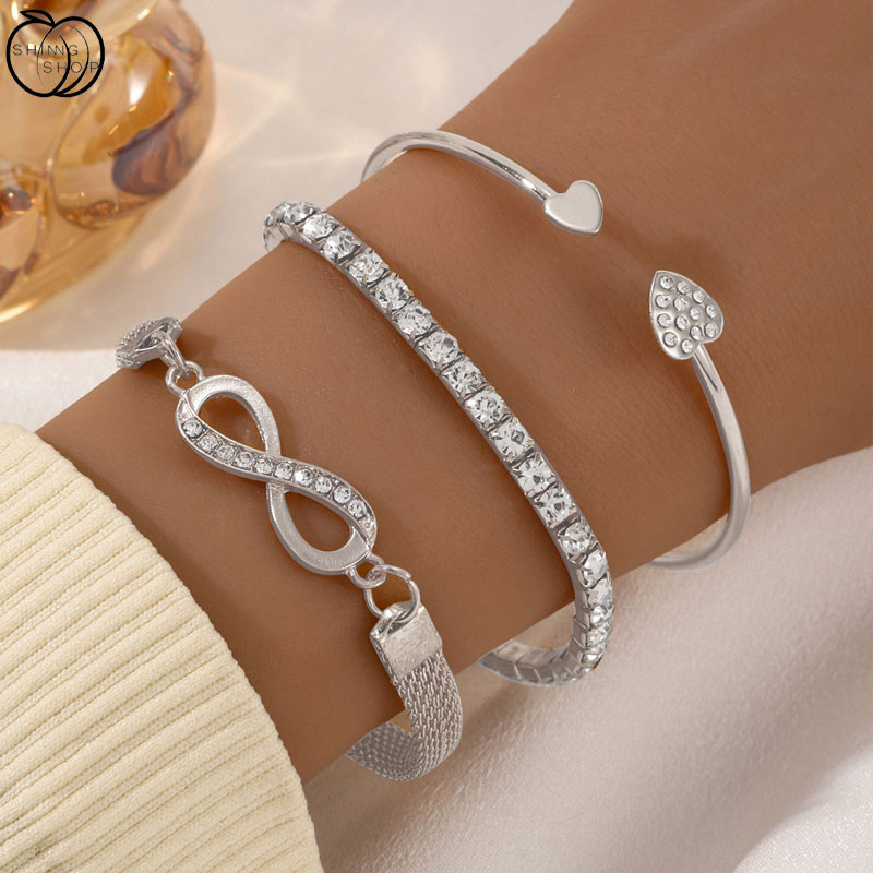 3 peças pulseira  Moda dourada diamante corrente pulseira de 8 caracteres conjunto - Presente Feminino Moda
