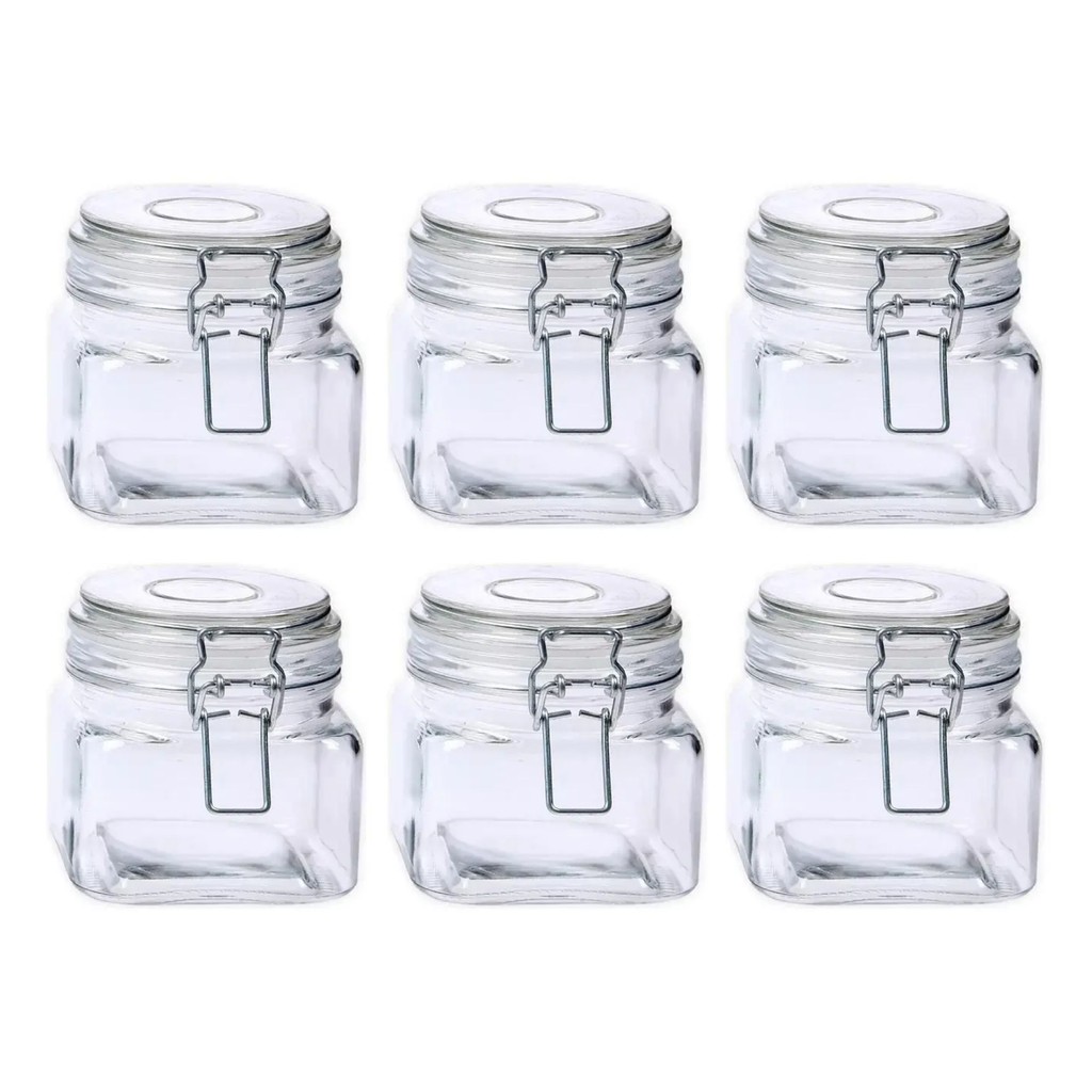 Kit 6 Pote De Vidro Vedação Hermético Quadrado C/ Travas Presilhas 460ml Design Sofisticado